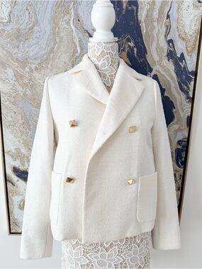 Valentino Cream Bouclé Double-Breasted Jacket with Gold Pyramid Buttons